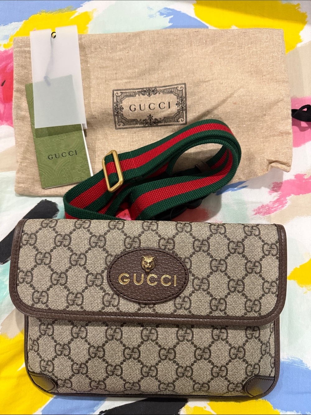 Authentic Gucci Beige Brown GG Supreme Crossbody Bag with Gold Logo
